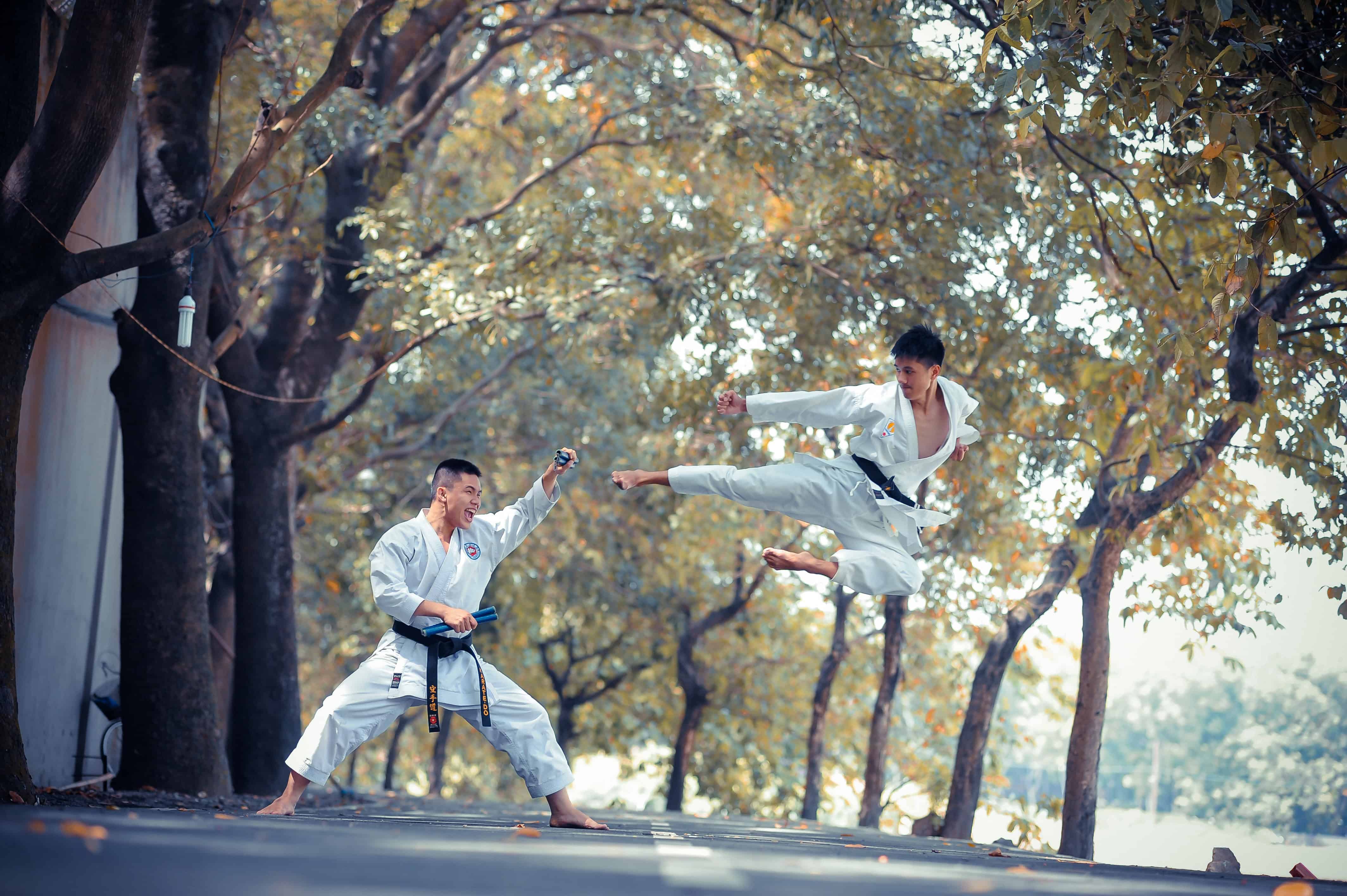 Two men in karate outfits fight